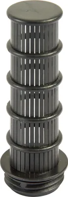A black plastic filter housing with multiple rings and slats, standing upright against a white background.