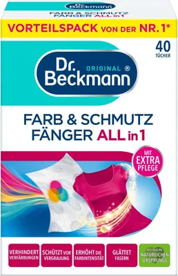 Obrázok produktu pre Dr. Beckmann na zachytávanie farieb a nečistôt, bez vône, 3v1 | utierky na zachytávanie farieb pre dokonalú ochranu pred zafarbením | s EXTRA STAROSTLIVOSŤOU O FARBY A VLÁKNA | 40 utierok