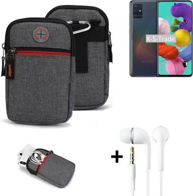 Produktbild von K-S-Trade Gürteltaasche + Kopfhörer kompatibel mit Samsung Galaxy A51 Handy Tasche Holster Schutz Hülle Handy Hülle grau Zusatzfächer 1x
