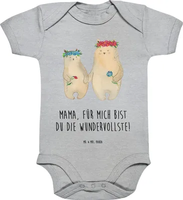 Produktbild von Mr. & Mrs. Panda Babybody Bären mit Blumenkranz 3. - 6. Monat - Heather Grey - Geschenk, Babystrampler, Mama, Muttertag, overall baby, Strampler, babykleidung body