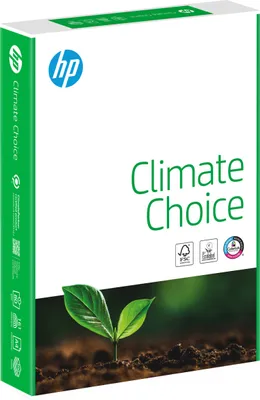 A box of HP Climate Choice paper with a seedling growing in soil.