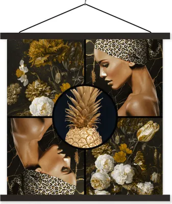 Produktbild von MuchoWow® Textilposter Gold - Schwarz - Frauen - Blumen 60x60 cm mit schwarzem Rahmen - Posteraufhänger