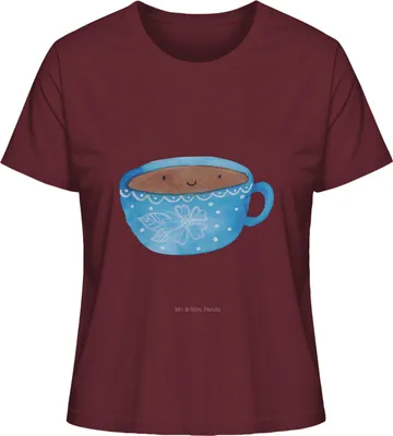 Produktbild von Mr. & Mrs. Panda Oberteil Damen Kaffee Tasse Größe S - Burgundy - Geschenk, Glücklich, Basic Shirt, Lustige Sprüche, Liebe, Genuss, T-Shirt, Kurzarmshirt, Geschmack