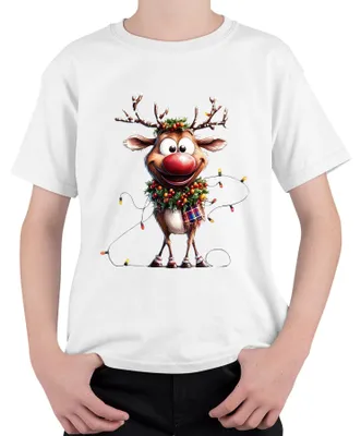 Produktbild von Weihnachtsrentier rote Nase Lichterkette Kranz lustig Cartoon Kinder T-Shirt, Weiß, 116