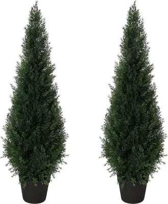 Produktbild von Künstliche Zypresse Pflanze Set 2 Stück 90/120 cm – Realistische UV-beständige Kunstpflanze für Innen & Außen – Dekorative Topfpflanze für Wohnzimmer, Büro & Balkon