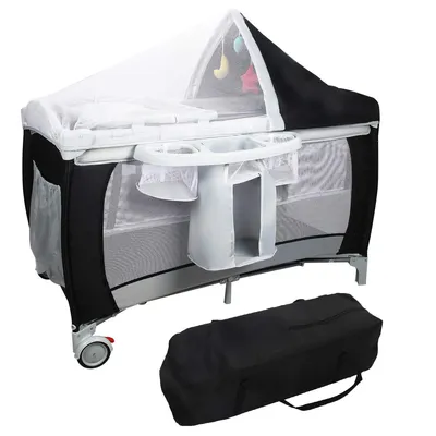 Produktbild von Babybett Babywiege, Stubenwagen mit Rollen, Babyschaukel Klappbar, Reisebett Kinderbett, Baby-Reisebett Kinderreisebett mit Moskitonetz (Schwarz)
