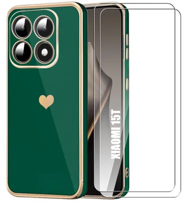 Image de Coque + 2 Verres Trempés pour Xiaomi 15T, Silicone avec Motif Cœur Protection Antichoc Slim Vert Nuit