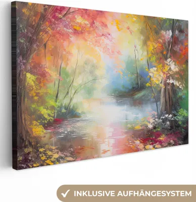 Produktbild von MuchoWow® - Leinwandbilder - Landschaft - Ölgemälde - Farbenfroh - Natur, Wandbild, Wanddeko Bilder Wohnzimmer, 120x80 cm