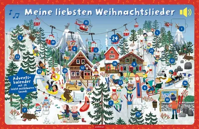 A winter scene with a ski resort, ski lifts, chalets, and people enjoying winter activities, with numbered doors for an advent calendar.