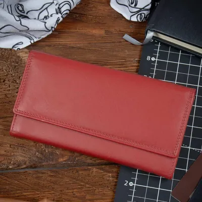 Immagine prodotto di Portafoglio da donna Belveder, in vera pelle, stile vintage. Grande portafoglio da donna, elegante e spazioso, colore rosso, modello W39