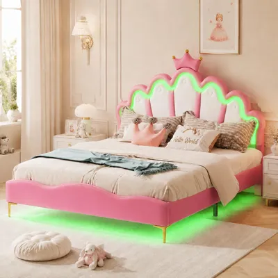 Produktbild von INONEFT Polsterbett Kinderbett 140x200cm, Prinzessin Bett für Mädchen mit LED, Verstellbares Kopfteil in Kronen, Doppelbett mit Lattenrost, PU, Rosa, KI-generiertes Bild
