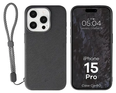Produktbild von Hülle mit Handgelenkband für iPhone 15 Pro, Bizon Case CarbO, Schwarz