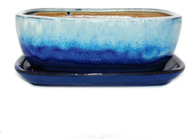 Produktbild von Bonsai-Schale mit Unterteller Gr. 4 - Blau-Beige - rechteckig - Modell GB5 - L 26cm - B 20cm - H 9cm