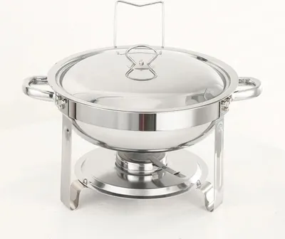 Obrázok produktu pre Chafing Dish – súprava na ohrev jedál – okrúhla – nerezová oceľ – nádoba na jedlo a vodu – veko – stabilný podstavec – držiak na palivo – strieborná