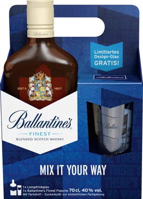 Produktbild von Ballantine's Finest Blended Scotch Whisky alc. 40% vol. 0,7L + Limitiertes Deign Glas in Geschenkset
