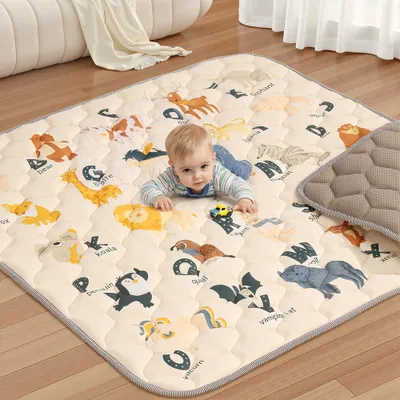 Produktbild von Comomy Baby-Spielmatte, Weiche Krabbelmatte aus Baumwolle, Faltbare Rutschfeste Boden Spielunterlage, Laufstallmatte, 127 x 127 cm, Beige Brief