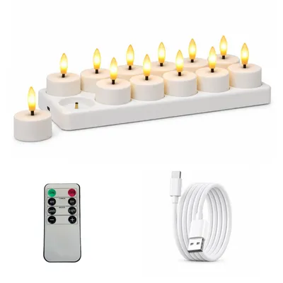 Produktbild von 12er Teelichter mit Timer,Wiederaufladbar mit Ladestation und Fernbedienung,Led Kerzen Flackernde Flamme für Weihnachtsdekoration,Zimmer,Wohnzimmer