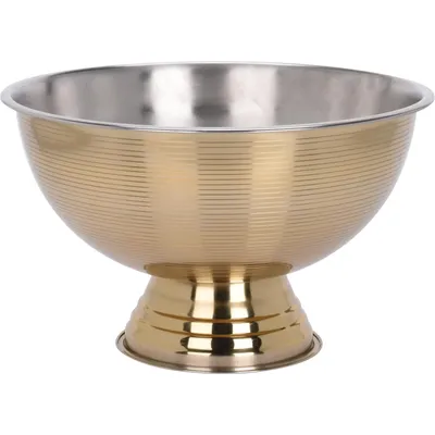 Immagine prodotto di Ciotola decorativa su piedistallo, acciaio inossidabile, finitura dorata lucida, diametro 40 cm. Elegante ciotola con motivo a righe, ideale come fruttiera o per raffreddare lo spumante