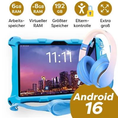 Produktbild von AngelTech Kinderpaket XL PRO II- Kindertablet + Kinderkopfhörer - Android 16 - 6+8 GB RAM - 128+64 GB - Octa-Core-Prozessor - Schnelles 10 Zoll - Blau