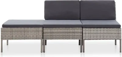 A three-piece outdoor lounge set with gray rattan base and dark gray cushions, shown from the front.
