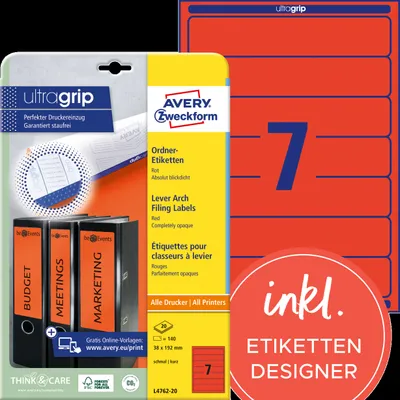 Obrázok produktu pre Avery Zweckform® L4762-20 L4762-20 Etikety na zakladače - úzke/krátke, (A4 - 20 listov) 140 kusov, červená