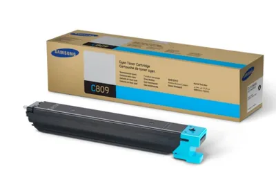 A Samsung cyan toner cartridge and its box are displayed against a white background.
