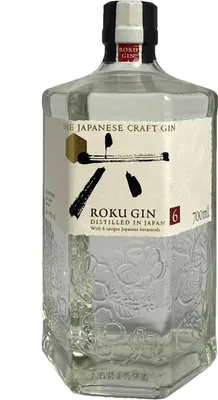 A clear, well-lit product shot of a bottle of Roku Gin.