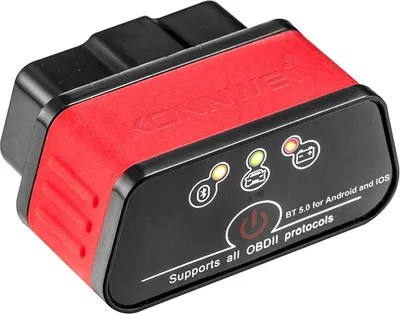 A red and black OBD II diagnostic tool with indicator lights and text.