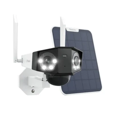 A security camera with a solar panel.