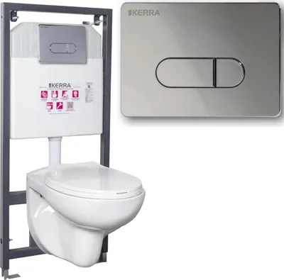 Obrázok produktu pre Kerra K-50 SLIM skryté splachovacie nádržky s predstenovým prvkom bez okrajov biely lesklý závesný klozet Doris s mäkko zatváraným WC sedátkom a splachovacou doskou Pacific chróm