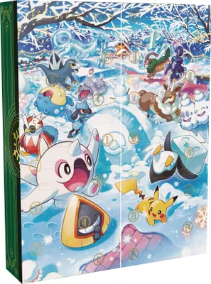 A festive winter scene with various Pokémon characters, presented as an advent calendar.