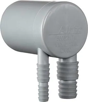A gray plastic plumbing fitting with two barbed hose connectors.