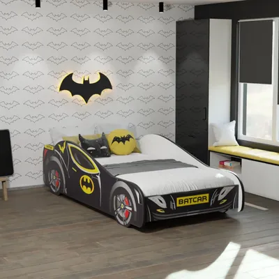 Produktbild von Autobett 70x140 cm Kinderbett Jugendbett mit Rausfallschutz | Kinder Spielbett Batman Batmobil Bat Car Auto Bett in schwarz