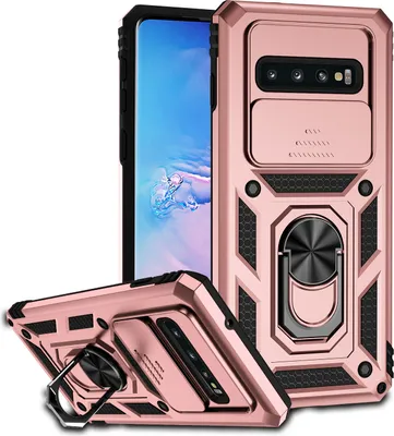 Image de Étui pour Samsung Galaxy S10 Plus étui double couche avec couvercle coulissant pour l'appareil photo et support annulaire Rose