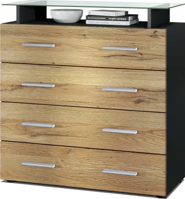 Produktbild von Vladon Sideboard Pavos V2, Kommode mit 4 Schubladen und Glasablage, Schwarz matt/Eiche Natur (76 x 81 x 35 cm)