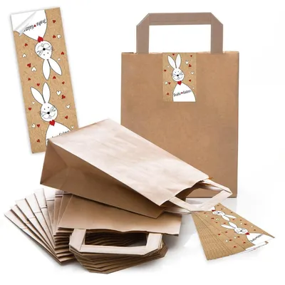 Produktbild von 25 kleine braune Papiertüte Ostern Oster-Verpackung Geschenktasche 18 x 8 x 22 cm kleine Papiertaschen + 25 Aufkleber grün braun HASENGRUSS Ostergeschenke verpacken Kinder OsternestOsterhase rot weiß Herz / 5 Stück