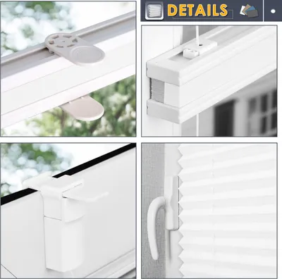 Collage of four close-up images showing details of a white pleated blind system for windows and doors.