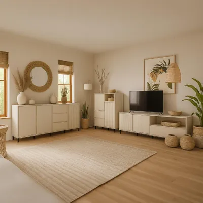 Produktbild von Wohnzimmer Möbel Set in Beige modern mit Sideboard, Highboard & Lowboard, 3-teilig - AMELIA-129