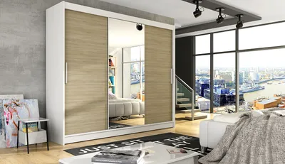 A modern living room with a large wardrobe, sofa, and city view.