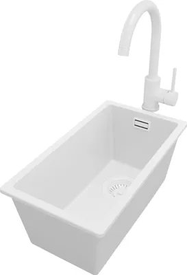 Produktbild von PRIMAGRAN Unterbauspüle Granit Alles Weiß 26x47cm, Spülbecken 1 Becken + Küchenarmatur 32x20cm + Ablauf-Set, Granitspüle ab 30er Unterschrank - London