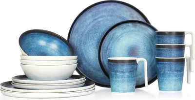 Produktbild von Moritz Camping Tafelgeschirr aus Melamin für 4 Personen 16-teilig | spülmaschinenfest | Picknick Geschirrset | Geschirr Campinggeschirr I Deep Ocean Design