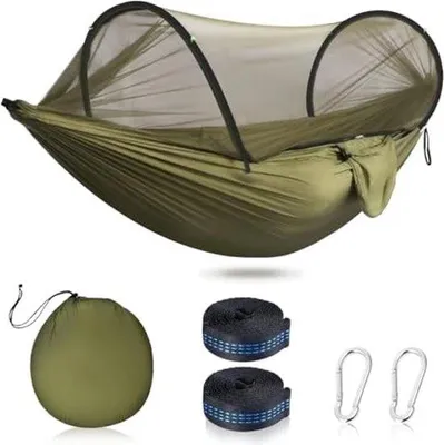 Produktbild von PolkaHome® Ultralichte Reisehängematte mit Aufhängeseilen und Karabinerhaken, 260 x 140 cm, Tragfähigkeit 200 kg, Olivgrün