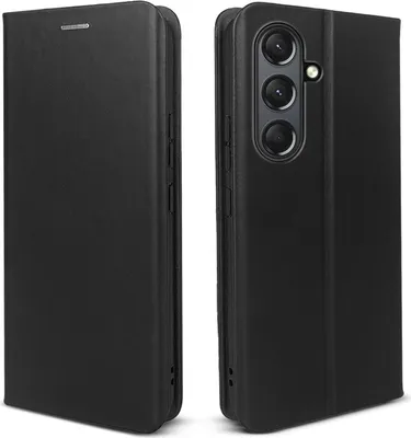 A black leather flip case for a smartphone, shown from two angles.
