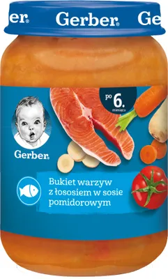 Zdjęcie produktu dla Gerber bukiet warzywny z łososiem w sosie pomidorowym dla niemowląt od 6 miesiąca 190 G