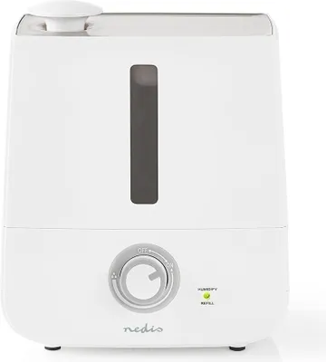 A white humidifier with a water level indicator and control knob.