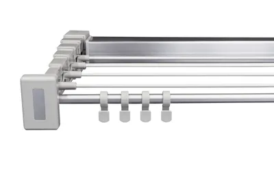 A close-up, side view of a retractable clothes drying rack.