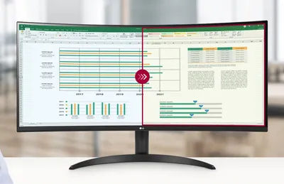 A curved computer monitor displaying two different views of a spreadsheet, divided by a red line and a circular icon with arrows.