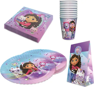 Produktbild von Gabby’s Dollhouse Partyset 46-tlg – Teller, Becher, Servietten & Geschenktüten