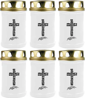 Produktbild von Grabkerze Weiß 6er Pack, Brenndauer: 48 Stunden ( je Kerze ), Motiv: Kreuz