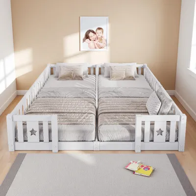 Produktbild von ProximaX Weißes Doppelbodenbett mit Zaun 90x200cm, Kiefernholzbett mit Sternenloch, Lattenrost inklusive, Kindersicherer Schutzzaun, Tragfähigkeit 100kg, Europäischer Stil für Kinderzimmer & Schlafzimmer